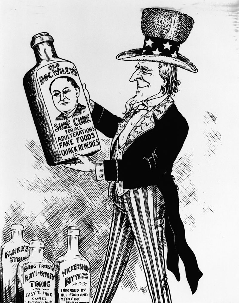 Imagen: Dibujo en homenaje a Wiley tras la aprobación de la ley de Roosevelt. Wikimedia Commons